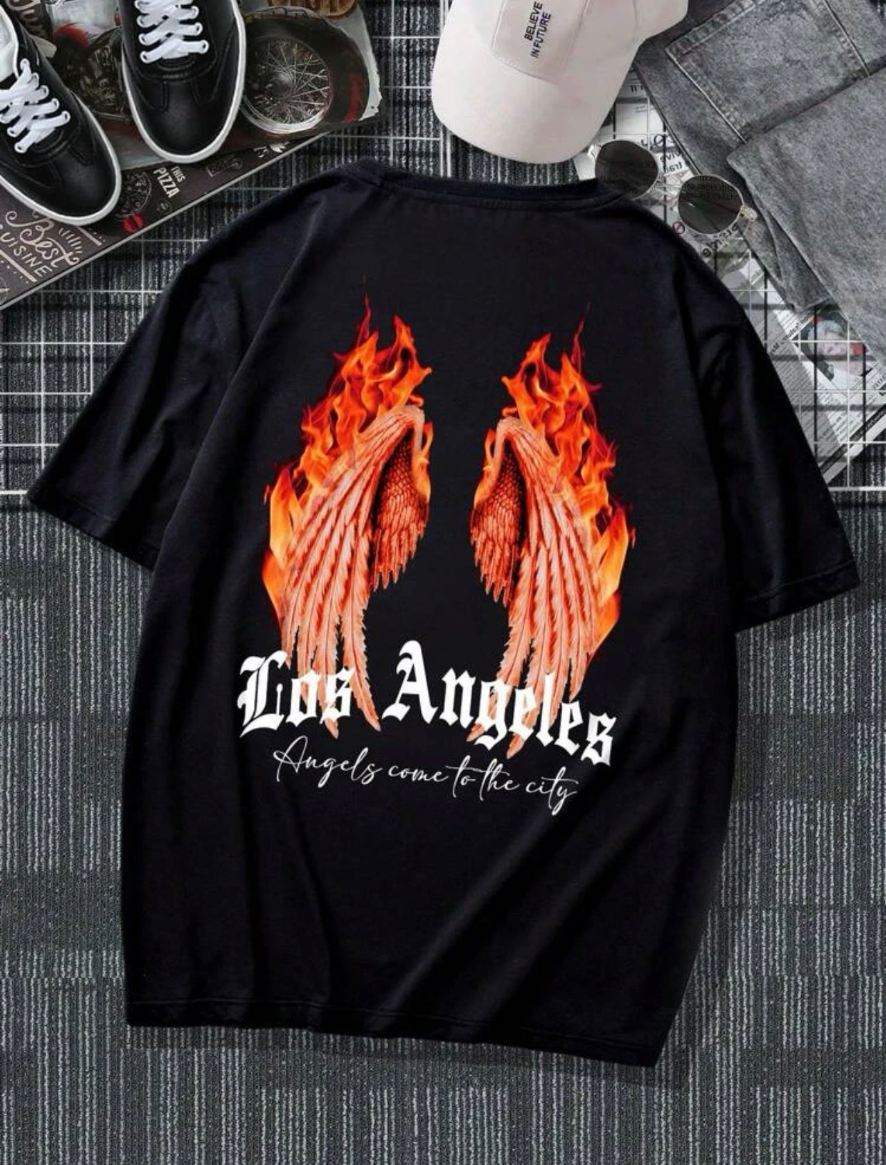 Los Angeles fire print drop shoulder tee