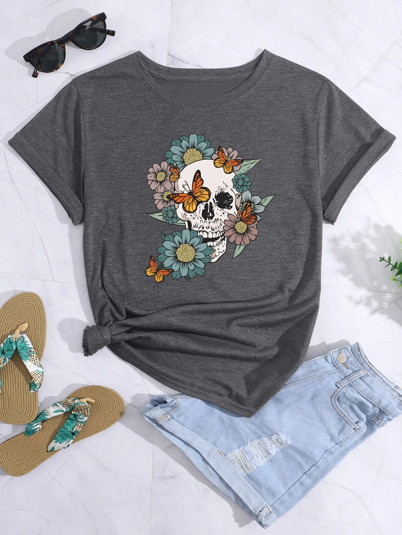 Skull And Floral Print Tee