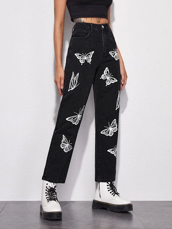High Waisted Butterfly Print Straight Jeans