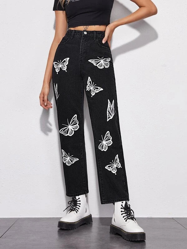High Waisted Butterfly Print Straight Jeans