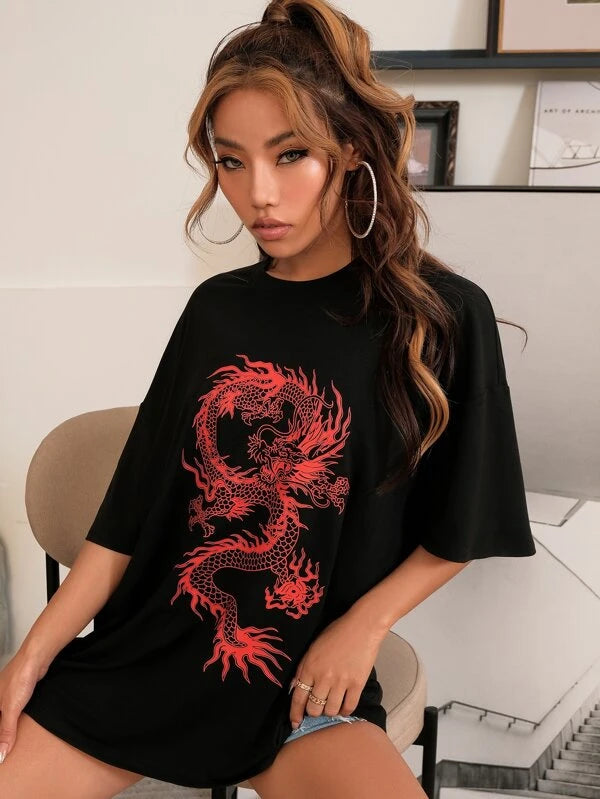 Chinese Dragon Graphic Shoulder Drop Tee