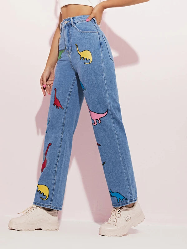 High Waist Dinosaur Print Jeans
