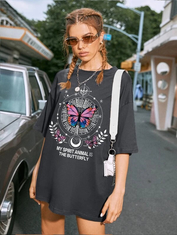 Letter And Butterfly Print Oversized Tee