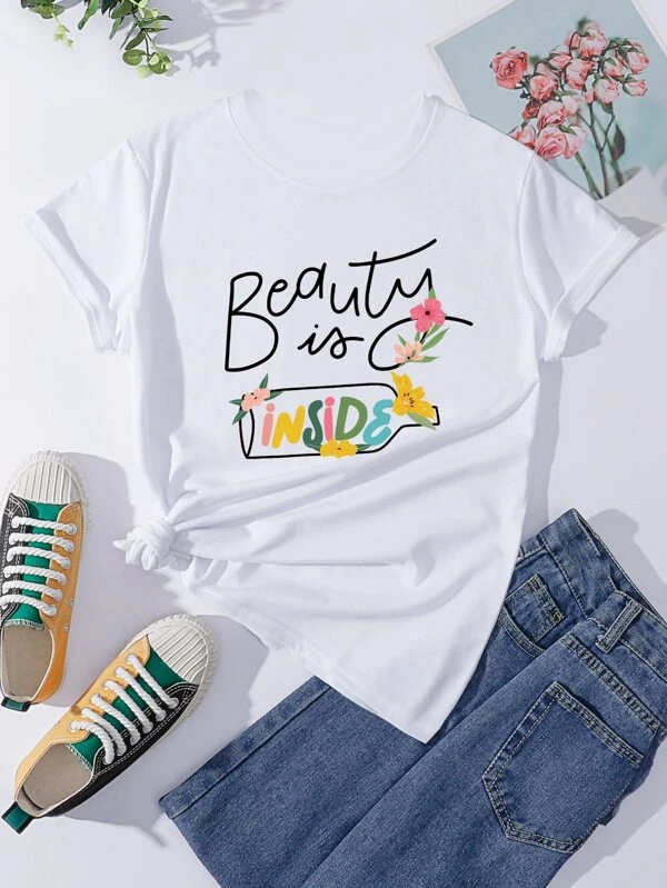 Floral And Slogan Graphic Tee