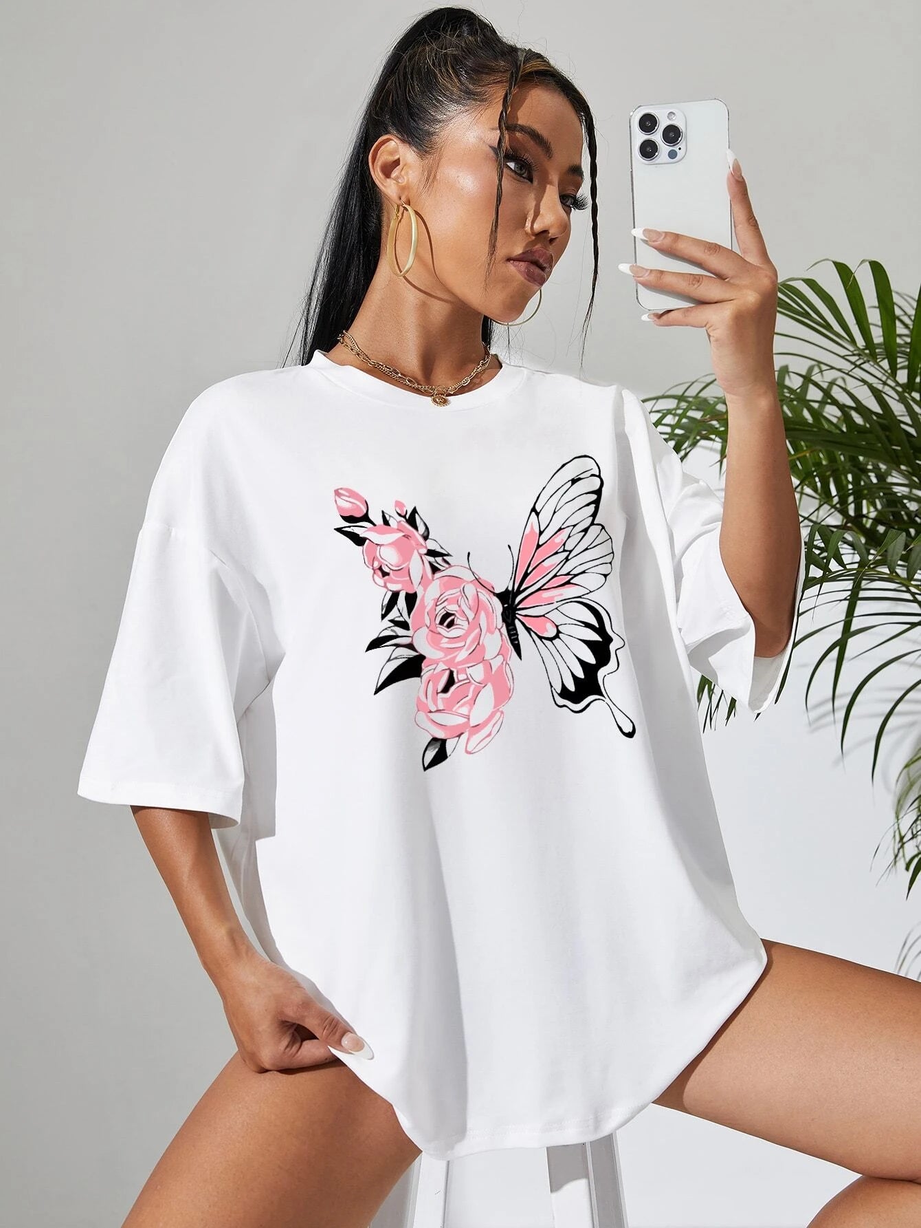 Floral And Butterfly  Drop Shoulder Tee