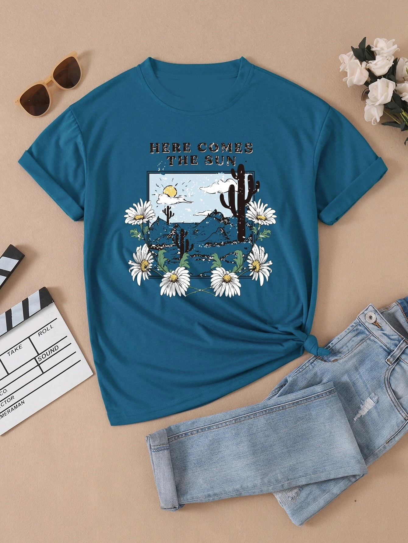 Floral And Slogan Graphic Tee