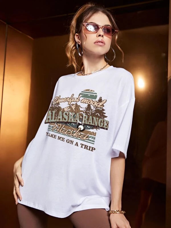 Mountain And Slogan Graphic Drop Shoulder Tee