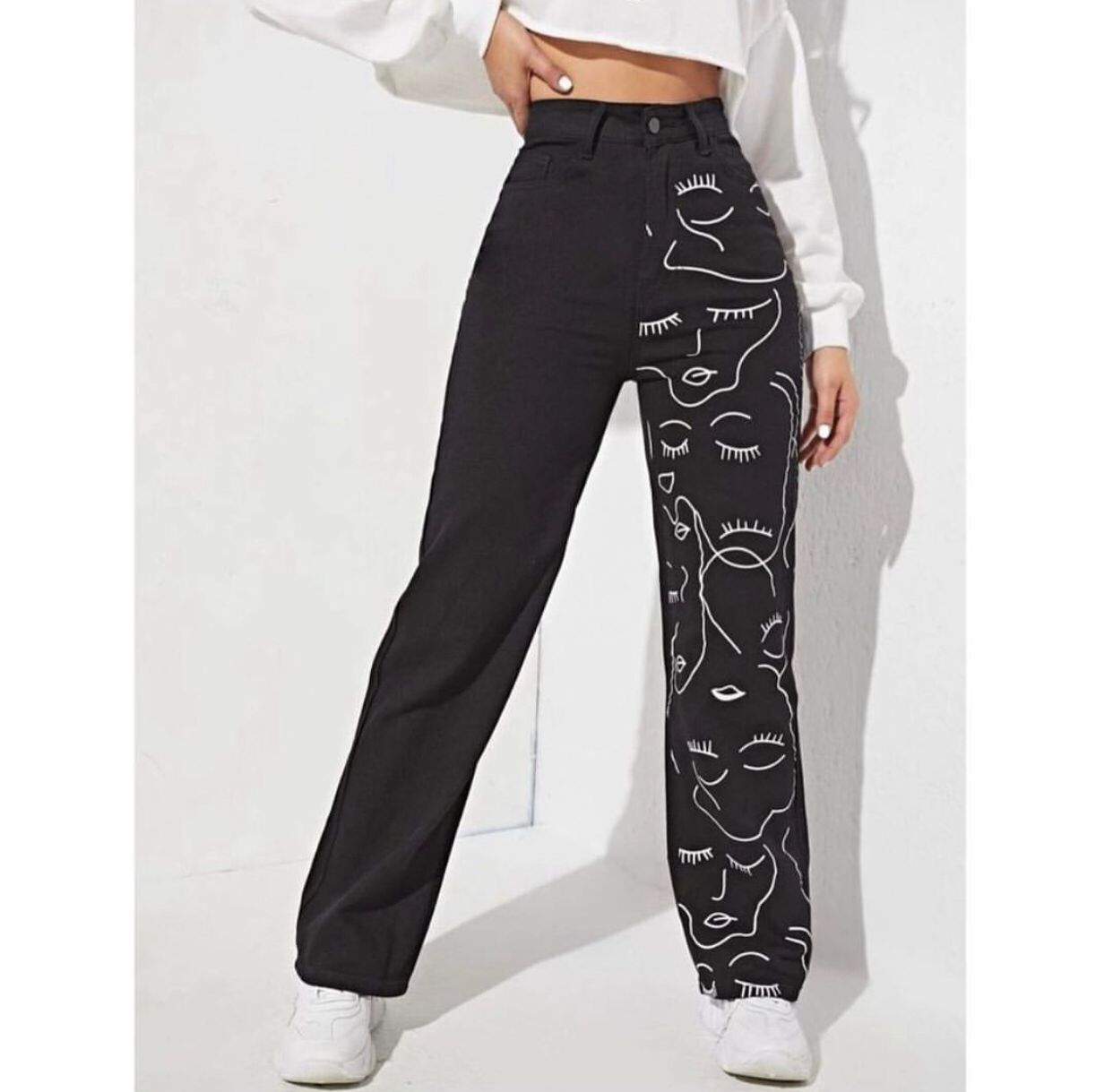 High Waist Wide Face Printed Wide Jeans