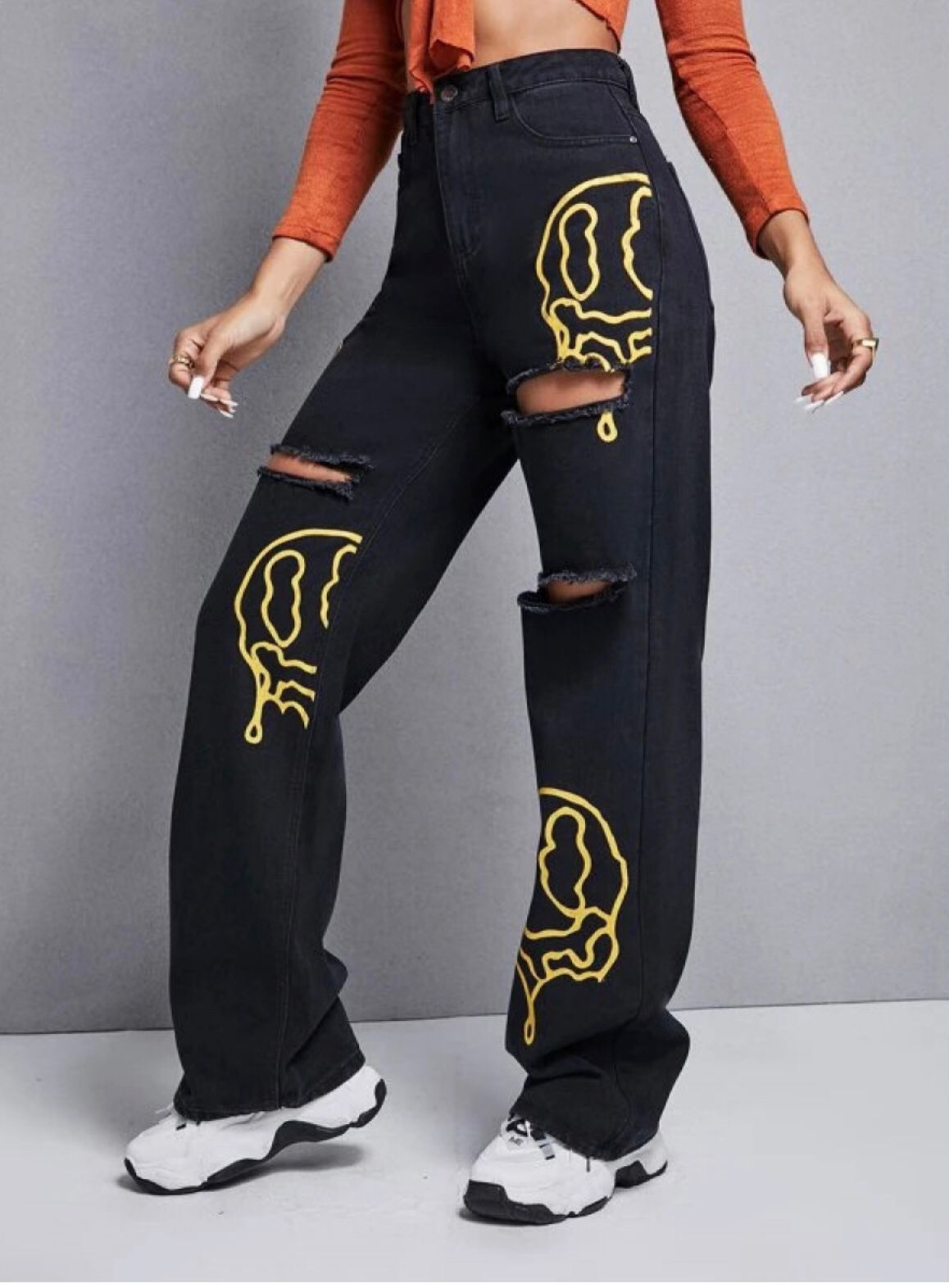 Ripped Graphic Wide High Waist Jeans
